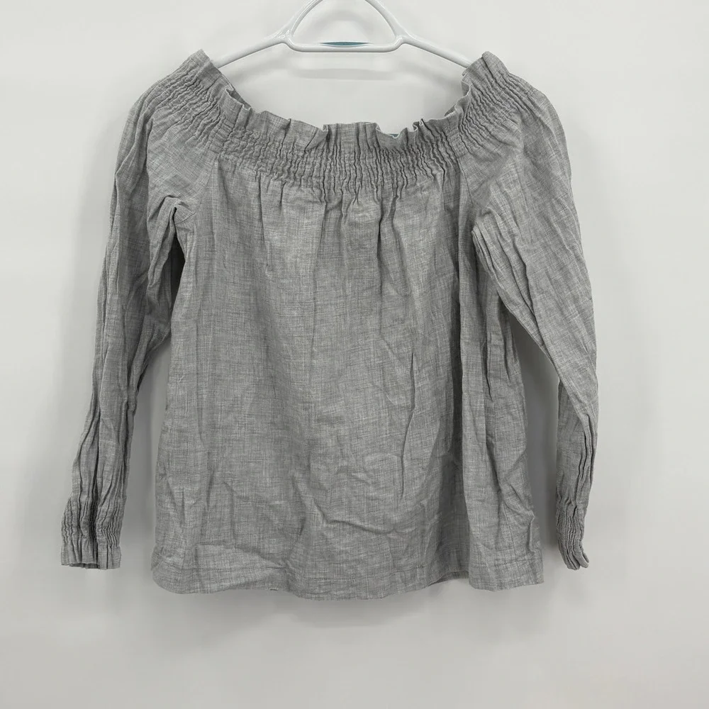 LOFT Petites Grey Cotton Smocked Off the Shoulder‎ Long Sleeve Blouse SP 451424